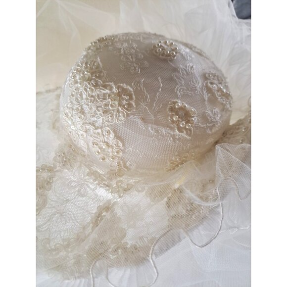 Vintage Bridal Wedding Hat W 42" Veil White Seed Pearls Sequins Large 1980s READ - Picture 2 of 12